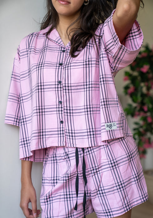 Women Summer Pajama set checkered Pink x Grey T-shirt + Shorts